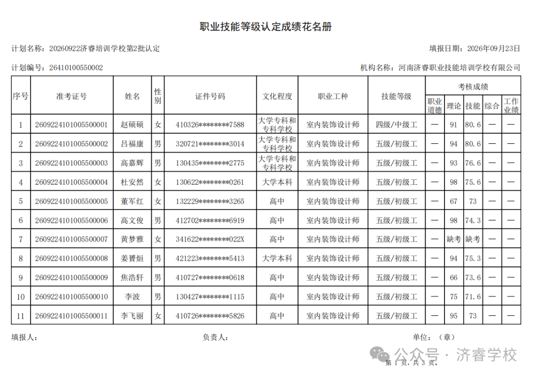 济睿培训学校2026年第2批职业技能等级认定考试成绩公示